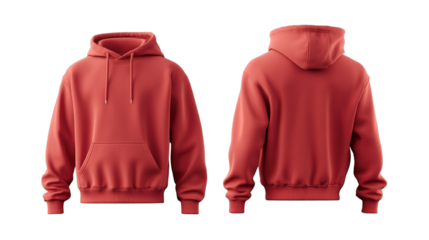 Red hoodie mockup featuring front and back views against a plain backdrop
