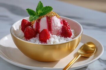 Bowl filled with mountain of shaved ice topped with strawberry syrup and fresh strawberries. Golden spoon rests beside the luxurious dessert. Concept of dessert restaurants, cafes, food photography