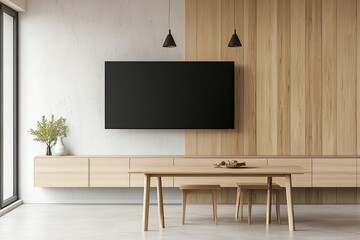 Modern minimalist dining area with a TV