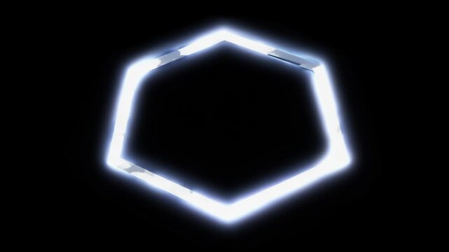 Abstract white hexagonal frame, hexagon (sexangle) Portal with glowing white energy lines and lightning isolated on black background, transparent chroma key alpha matte overlay VFX