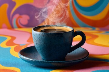 Enjoying freshly brewed coffee in a cozy modern setting with vibrant colors