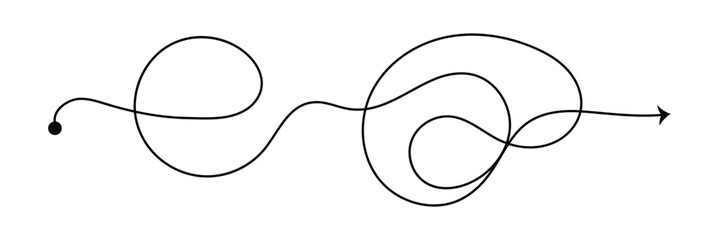 Curved line with start point and direction arrow. Difficult way, chaos path, hard route, challenge symbol isolated on white background. Vector graphic illustration . EPS 10 . 