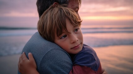 A tender moment of a young boy hugging his father on the beach at sunset, expressing love and security, perfect for father's day