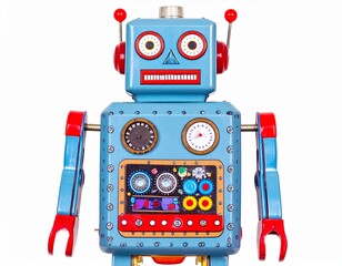 A vintage blue robot toy with colorful buttons and a friendly design.