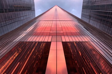 Low angle view with mirrored glass exterior & geometric shape of tall skyscrapers