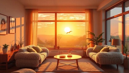 Cozy golden hour living room with plush sofa, anime-inspired aesthetic Sun sets through large window, aesthetic, soft