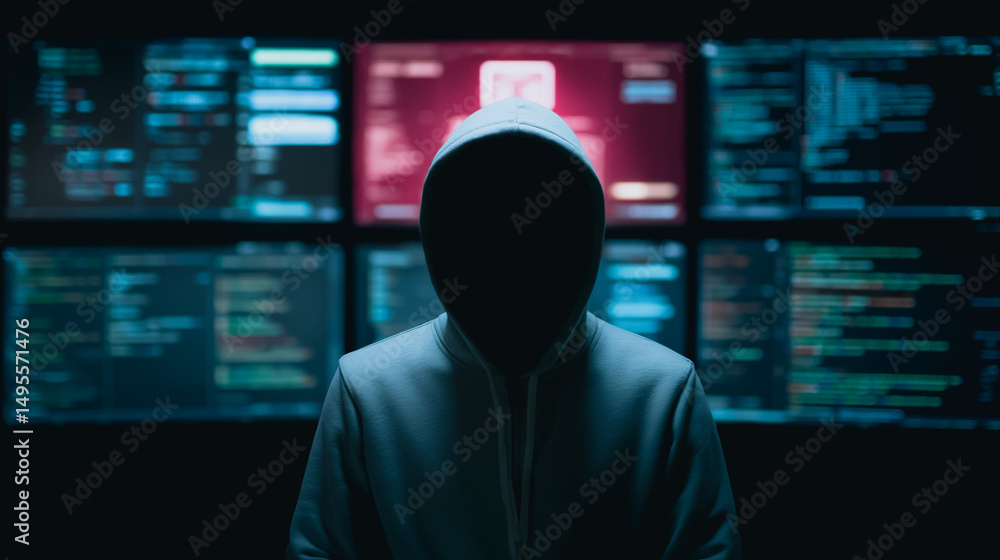 Aufkleber anonymous figure in digital realm: a mysterious figure, shrouded in a hooded sweatshirt, stands befo