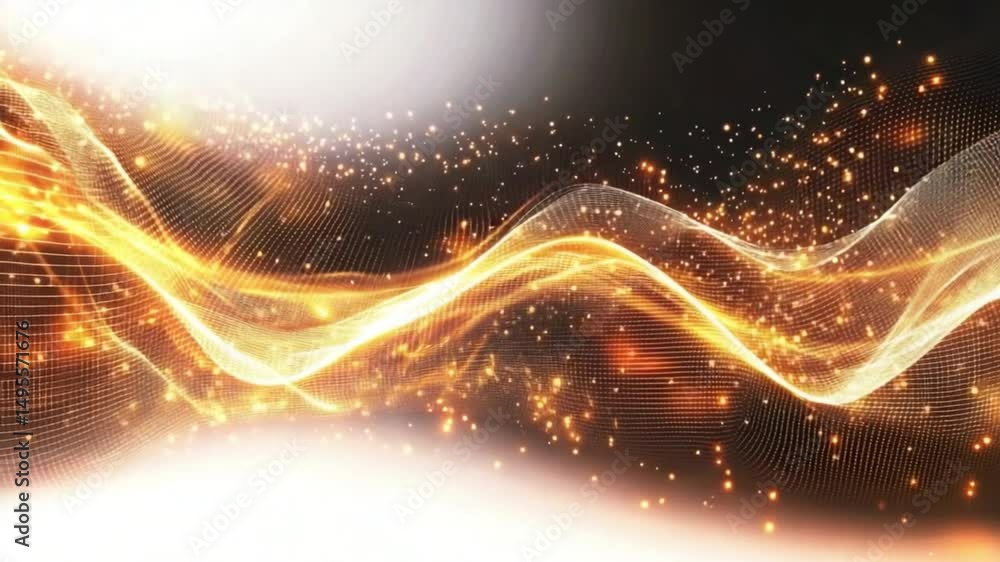 Poster golden abstract waves: an abstract waves of golden particles dance across a dark canvas, illuminatin