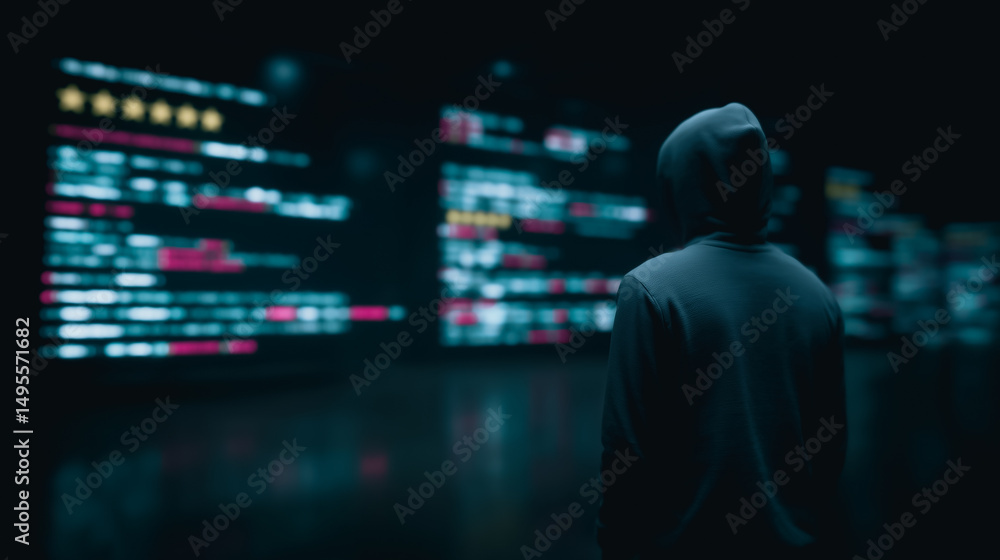 Poster digital intrigue: a hooded figure stands before a mesmerizing digital interface, a realm of complex 