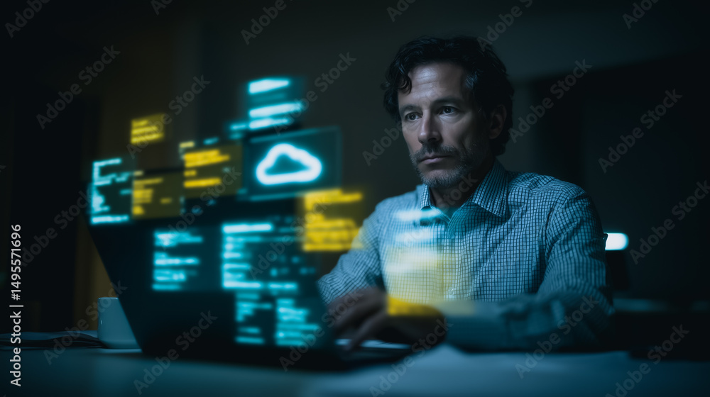 Poster digital architect: a focused and determined individual, immersed in the world of technology, is seen