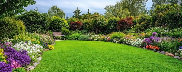 Lush Green Garden with Colorful Flowers, Manicured Lawn, and Wooden Bench Setting