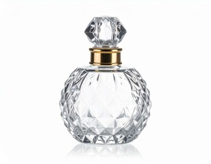 Elegant crystal perfume bottle with intricate designs and a gold accent on the stopper.