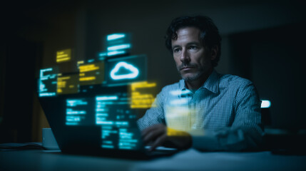 Digital Architect: A focused and determined individual, immersed in the world of technology, is seen meticulously working on a laptop amidst an array of illuminated digital interfaces.