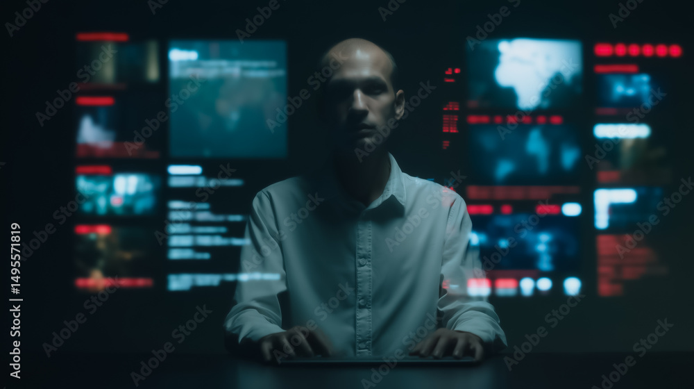Poster the enigmatic analyst: an intense, close-up of a man in a dimly lit room, illuminated by the glow of