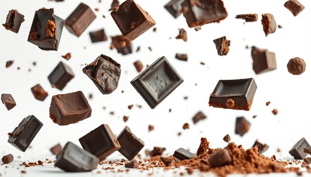 Dark chocolate chunks levitate, broken pieces & cocoa crumbs explode, isolated on white ,   brown,   isolated