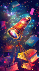 Colorful telescope surrounded by books and cosmic elements, exploring the mysteries of the universe