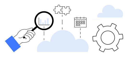 Hand holding magnifying glass over bar graph with cloud, gear, calendar, and puzzle. Ideal for collaboration, data analysis, problem-solving, cloud computing, strategic planning tech innovation