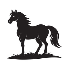 silhouette of a muscular horse standing tall on grassy field