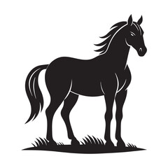silhouette of a muscular horse standing tall on grassy field