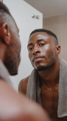 Shirtless young man with towel around neck examining face in mirror in home bathroom for personal care and skincare advertising