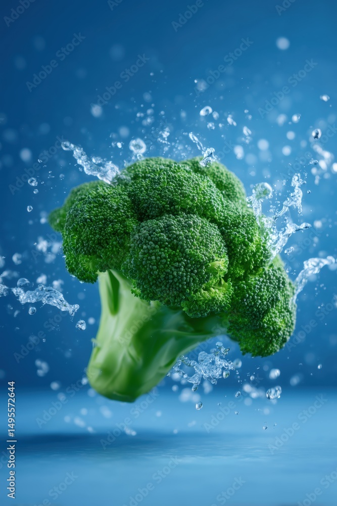 Poster broccoli splashes into clear water creating dynamic motion against solid blue setting. concept of fr