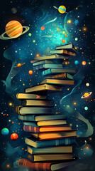 A whimsical stack of books spiraling into a starry cosmos with planets and galaxies in the background