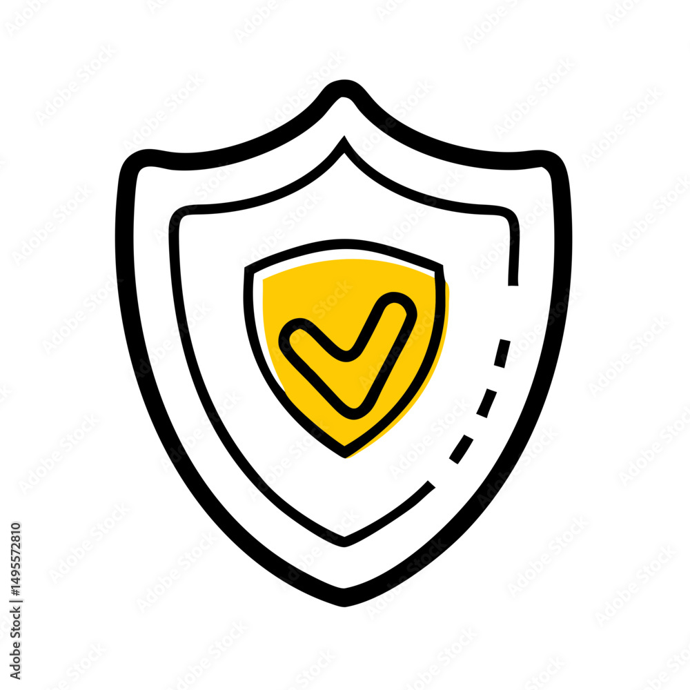 Poster shield icon with a checkmark inside, outlined in black and filled with yellow, symbolizing security 