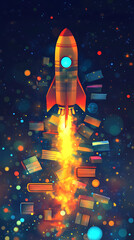 Colorful rocket launching into space surrounded by floating books and vibrant cosmic elements