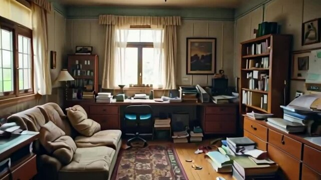 Viewing a Messy Study Room with Overfilled Bookcases and Scattered Books
