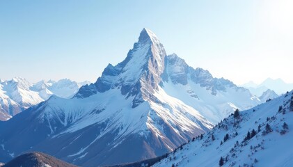 Snowy mountain peak, pristine white, clear sky, cold, wonder, nature photography