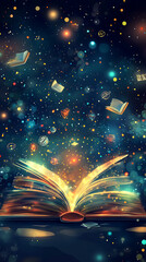 Enchanted book floating amidst a cosmic backdrop of stars and colorful orbs, symbolizing knowledge