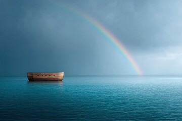 Vibrant wooden ark floating on colorful stormy waters with a bright rainbow in the background