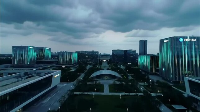 Digital Corporate Campus: Cloudy Sky & Tech Lighting