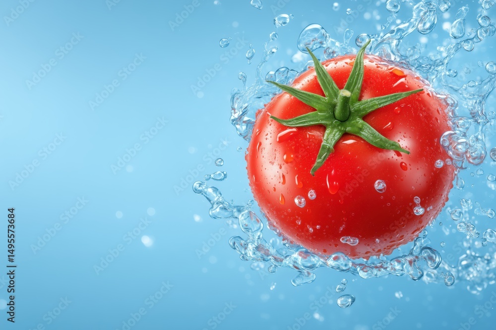 Poster red tomato splashes into clear water, creating vibrant droplets. simple solid blue background enhanc
