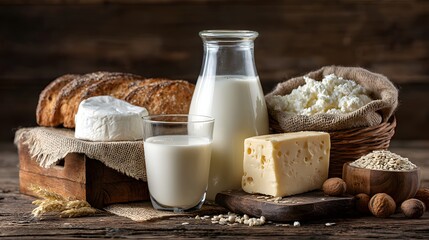 Fresh milk and rustic dairy delights showcased in a charming farm setting with artisanal breads and wholesome grains
