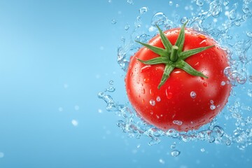 Red tomato splashes into clear water, creating vibrant droplets. Simple solid blue background enhances freshness of produce. Concept of culinary arts, food marketing, grocery