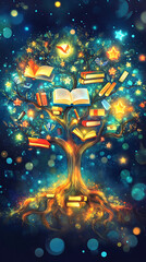 Enchanted tree filled with glowing books and stars, set against a mystical night sky backdrop