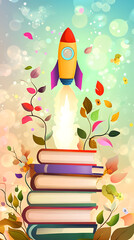 Colorful rocket launching from a stack of books surrounded by vibrant leaves and whimsical elements