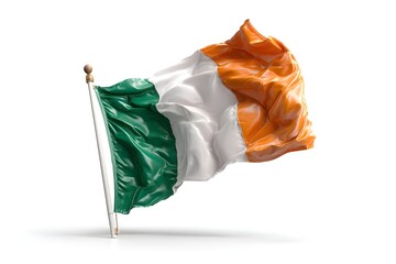 Draped Ireland flag fluttering elegantly on a flagpole under clear blue sky