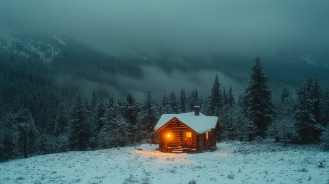 Cozy mountain cabin in snowy forest at night