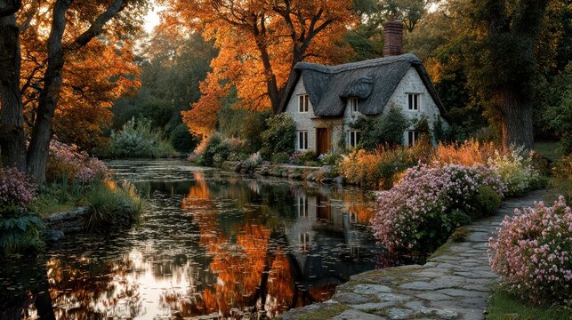 Charming cottage by serene pond surrounded by autumn foliage and vibrant flowers in a peaceful rural setting
