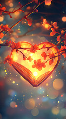Heart-shaped book illuminated by glowing flowers, surrounded by a dreamy bokeh background