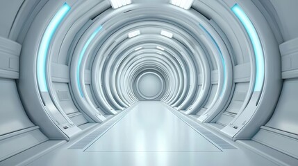 Fototapeta premium Futuristic Sci-Fi Tunnel with Smooth White Surface and Soft Blue Lighting Illuminating a Clean, Minimalistic Space for Innovation and Technology
