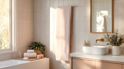 A clean tile wall in blush beige with narrow grout lines and soft pastel towel hanging in frame, morning light defining surfaces 71999902 1