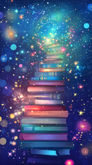 A vibrant stack of colorful books ascending into a starry night, symbolizing knowledge and imagination