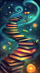 Colorful staircase made of books spiraling through a starry galaxy with vibrant cosmic elements