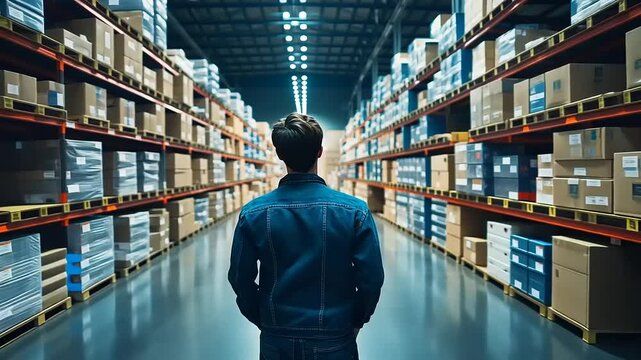 Man in Denim Jacket Observing Organized Warehouse Aisle with Stacked Boxes and Bright Lighting