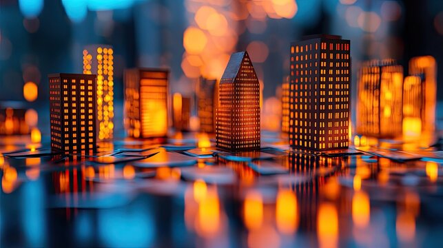 Miniature Building Models Lit From Within on a Reflective Surface at Night