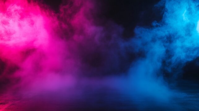 Mysterious Dark Room with Neon Lights and Empty Walls for Visual Impact.