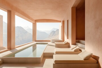 Sun-drenched terrace with pool and mountain views.  Beige, minimalist architecture